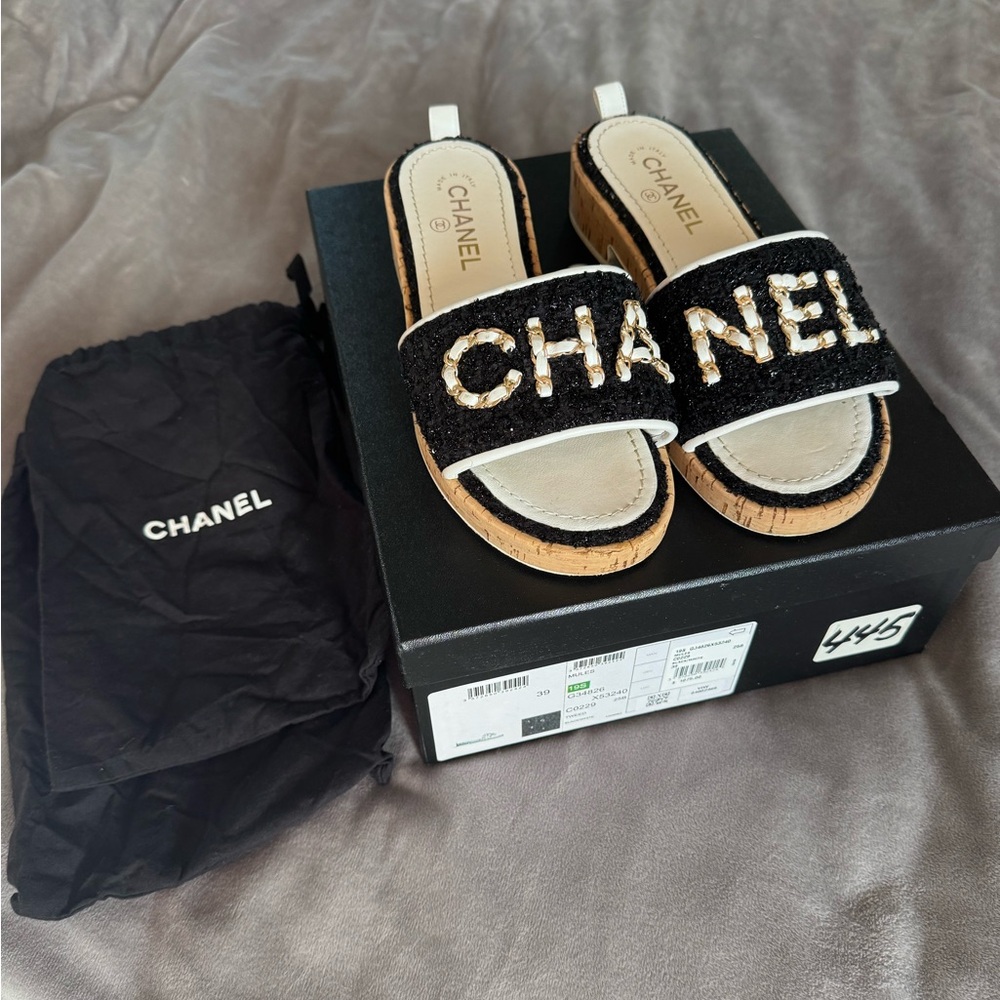 CHANEL Black and White Beaded Slides